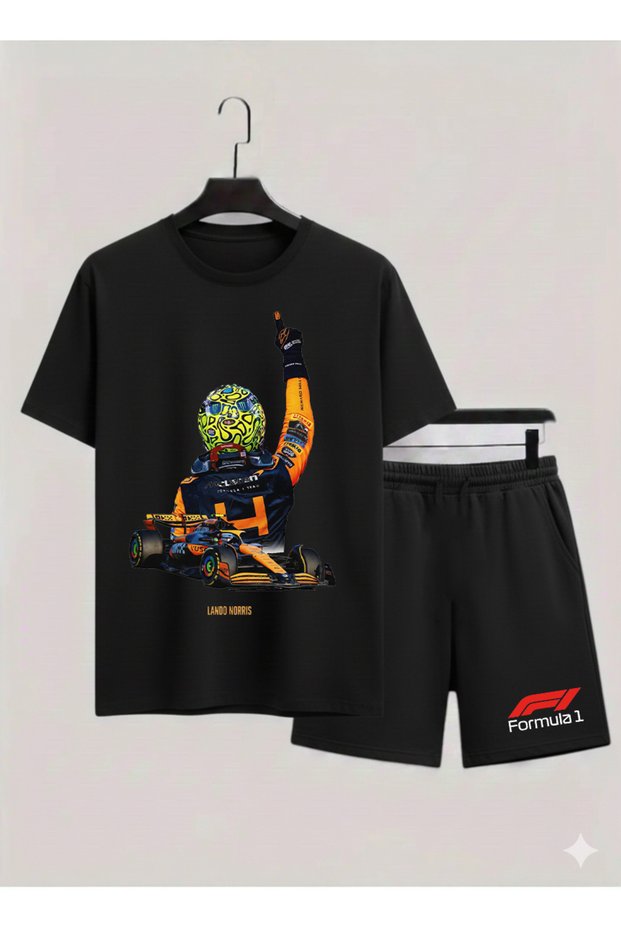 Lando Norris Printed 100% Cotton Crewneck Kids T-Shirt-Shorts F1 Dual Set