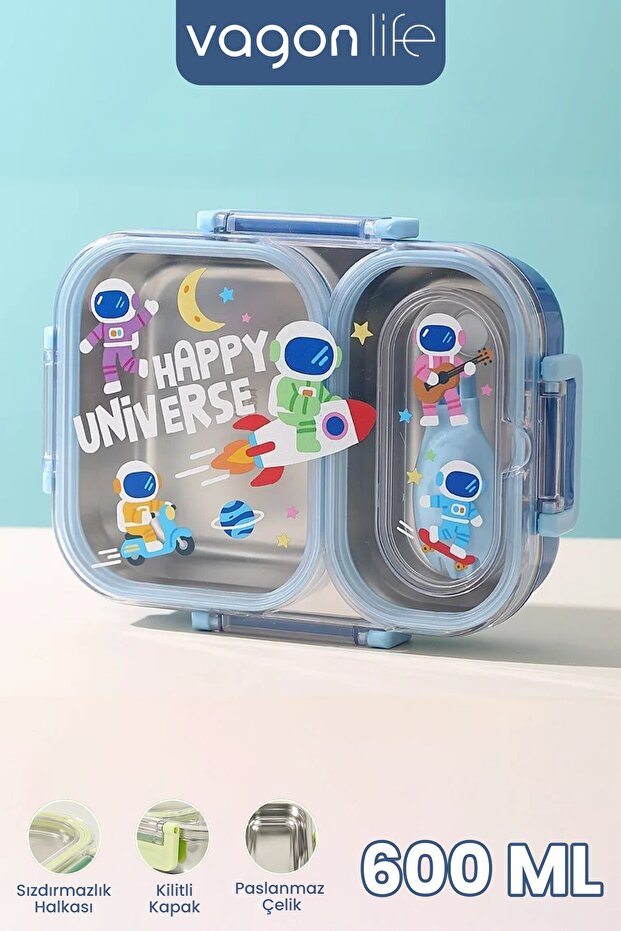 600 ml Leak-Proof Two-Compartment Stainless Steel Lunch Box New Generation Lunch Box with Fork and Spoon Ff7163