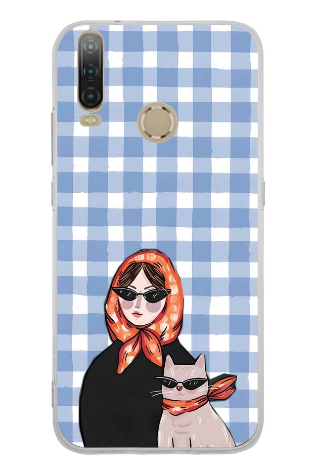 General Mobile Gm 10 Compatible Women's and Cat Patterned Transparent Phone Case with Shawl