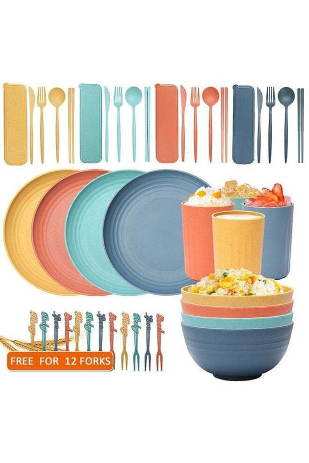 32-Piece Set of Wheat Straw Bowl Cup and Plate Tableware Set Dining Tableware Set, Bowl, Cup And Saucer Set