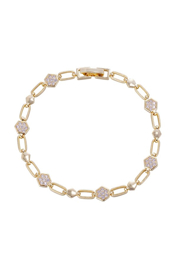 Three-Layer Gold-Plated Pentagon Zircon Bracelet – Handmade Micro-Inlay Design