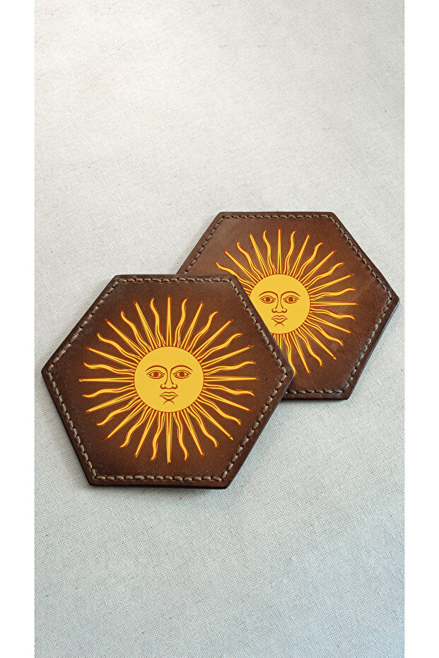 Set of 2 Leather Coasters - Genuine Vegetable Leather - Sun Printed - Handmade Coaster