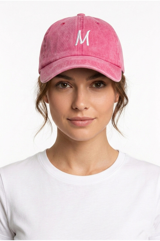 Pink Embroidered Washable Vintage Unisex Hat with Letter m