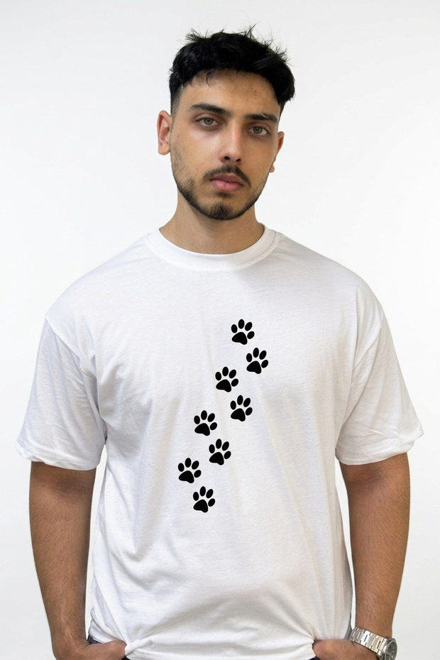 Paw Prints Design Printed Oversize White T-Shirt