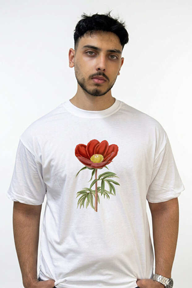 Peony Design Printed Oversize White T-Shirt