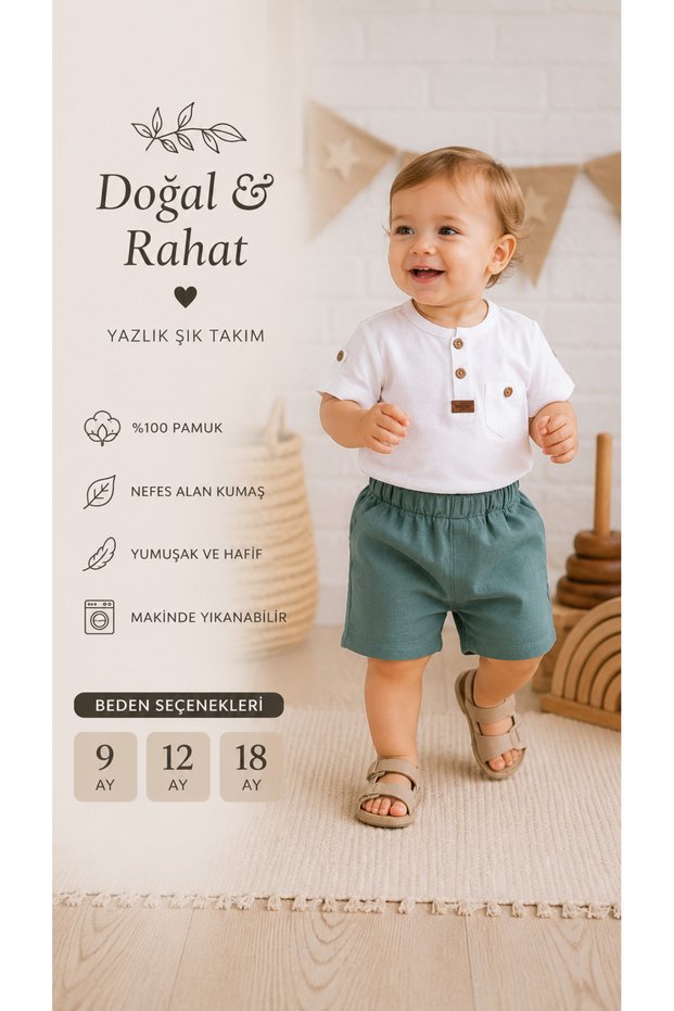 Muslin Baby Boy 2-Piece Set Organic Button-Up T-Shirt and Shorts Summer Set 9-12-18 Months
