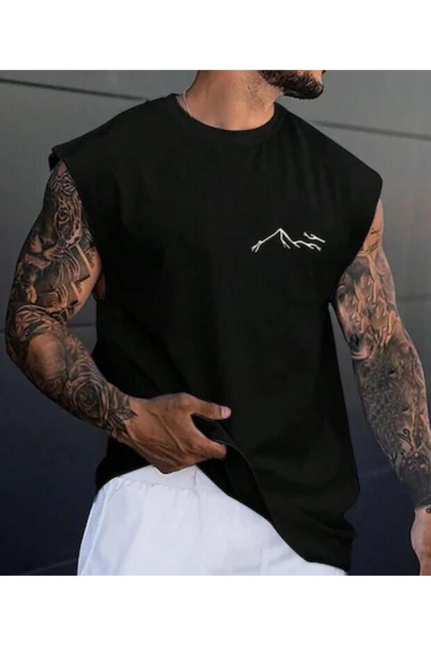 Cycling Collar Line Mountain Printed 100% Cotton Large Size Sleeveless Men's T-Shirt