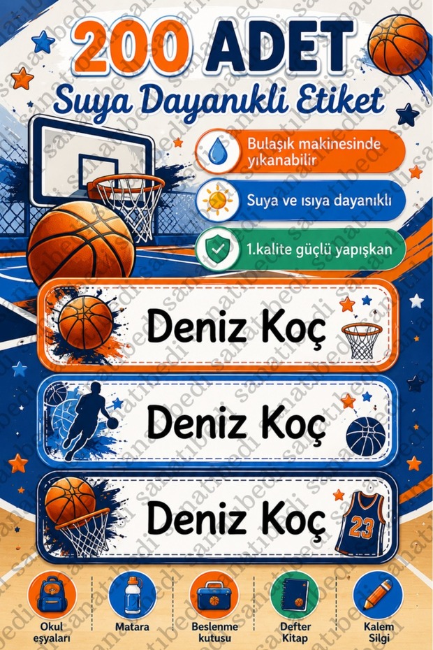 200Pcs Waterproof Basketball School Labels - Sticker for Pencil Notebook Book Water Bottle