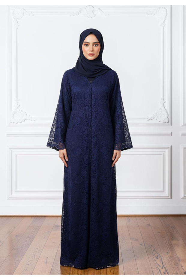 Floral Lace Overlay Open Abaya | Dantil & Nida Fabric-859