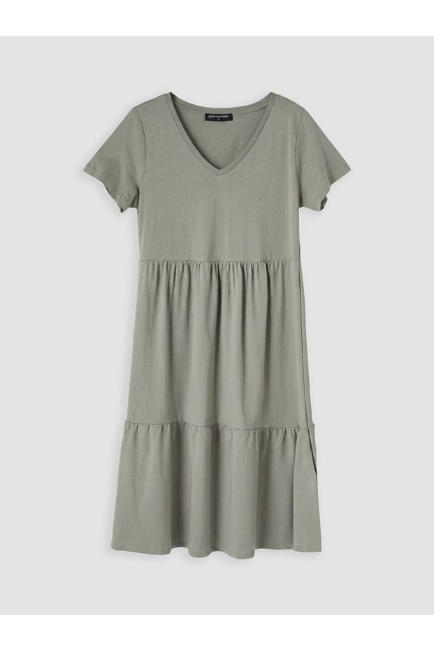 Lcw Comfort Green V-Neck Layered Dress