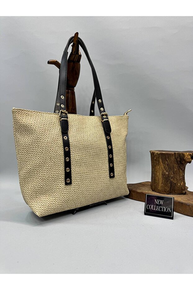 Straw-Look Textured Shoulder Bag with Faux Leather Strap, Daily Briefcase and Beach Bag