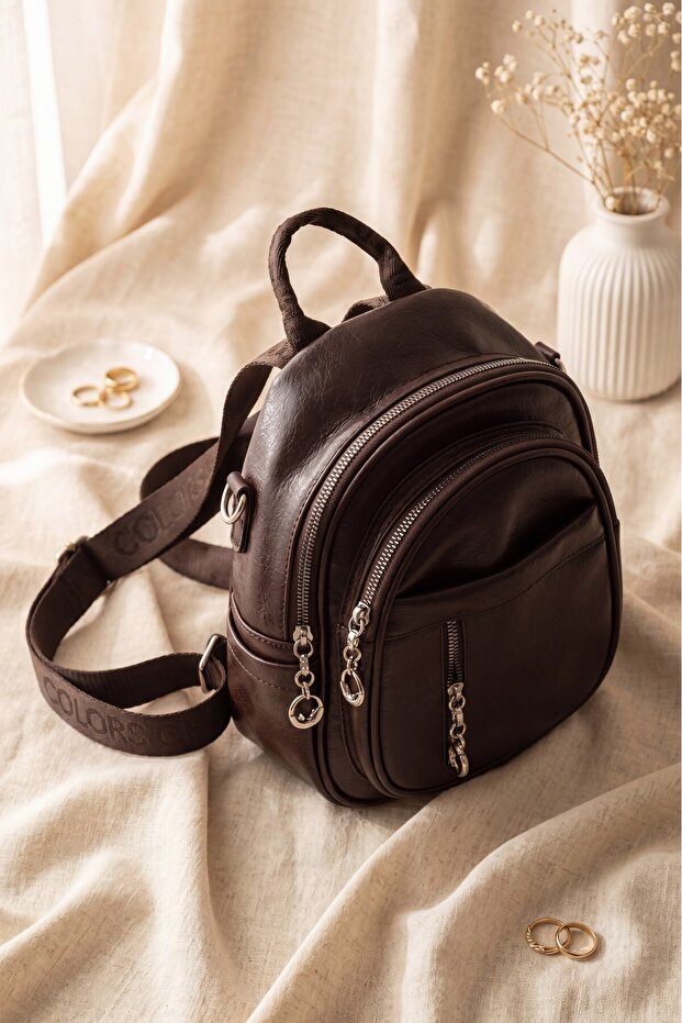 Oval Design Woven Strap Multi-Compartment Women's Backpack - Dark Brown