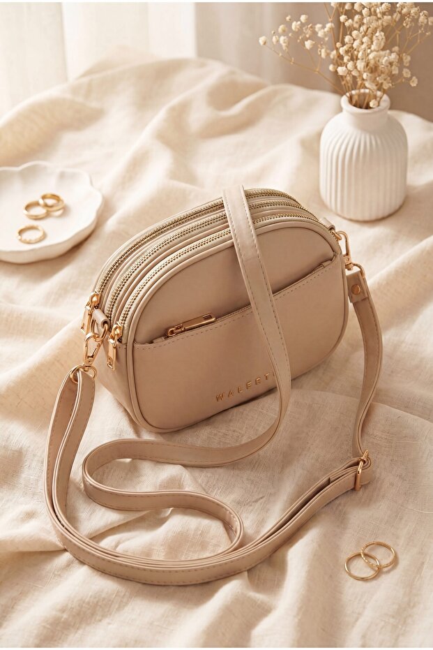 Multi-Compartment Long Strap Bag -Beige