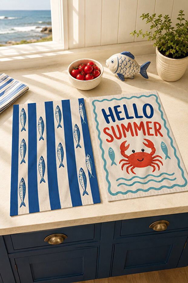 Hello Summer Crab and Fish Striped Marine Summer Patterned Mediterranean 2-Piece Kitchen Towel Set 35X55