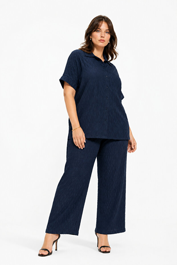Jacquard Embossed Patterned Wrinkled Fabric Shirt Collar Buttoned Trousers Set