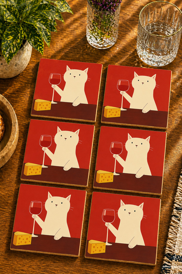 Cat Design Modern Set of 6 Coasters - Uv Printing Mdf - 10X10 cm