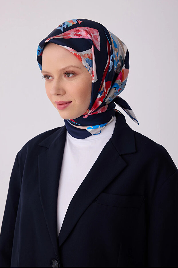 Twill Silk Patterned Scarf 4316D Mixed Pattern 02-Navy Blue-Multicolor