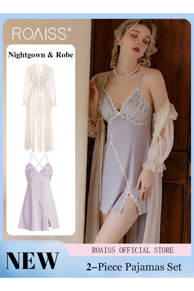 2-Piece Women's Nightwear Set, Backless Cross-Front Satin Nightgown Set, Summer Lightweight V-Neck L