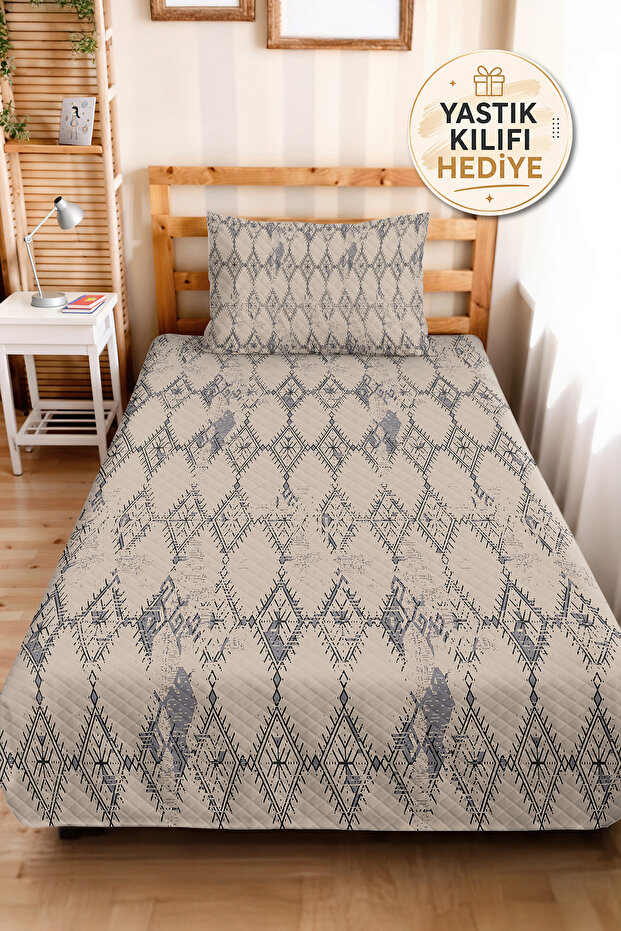 Geometric Gray Young Room Single Pique Set - Bohemian Beige 160X220 cm Quilted Summer Bedspread