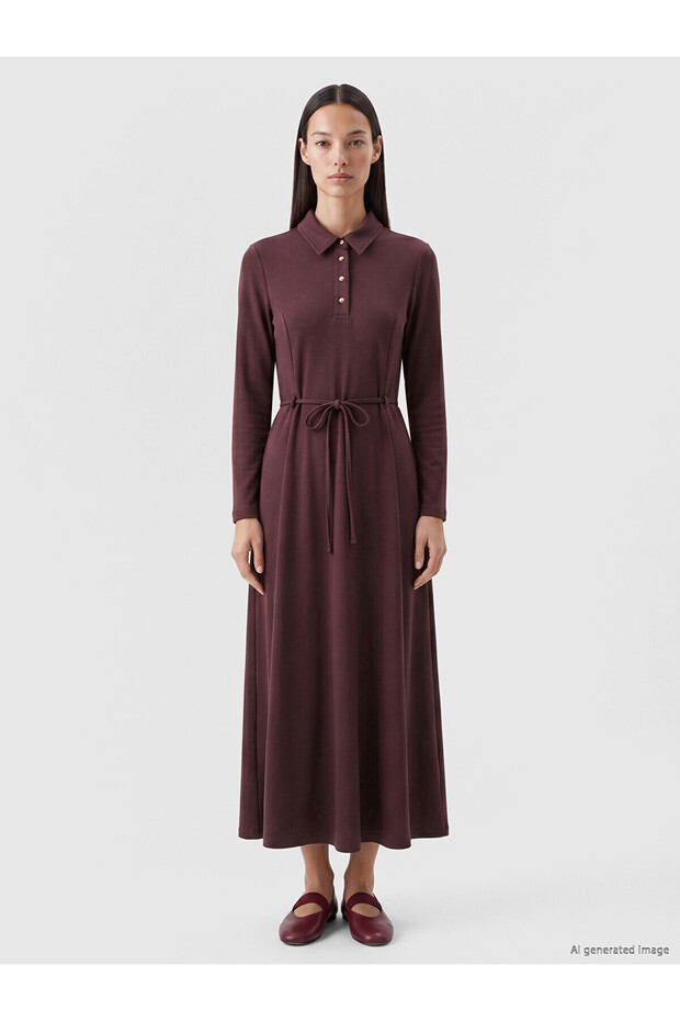 Two Mt Shop Quality Lcw Everyday Burgundy Diving Fabric Plain Standard & Regular Polo Collar Long Dress