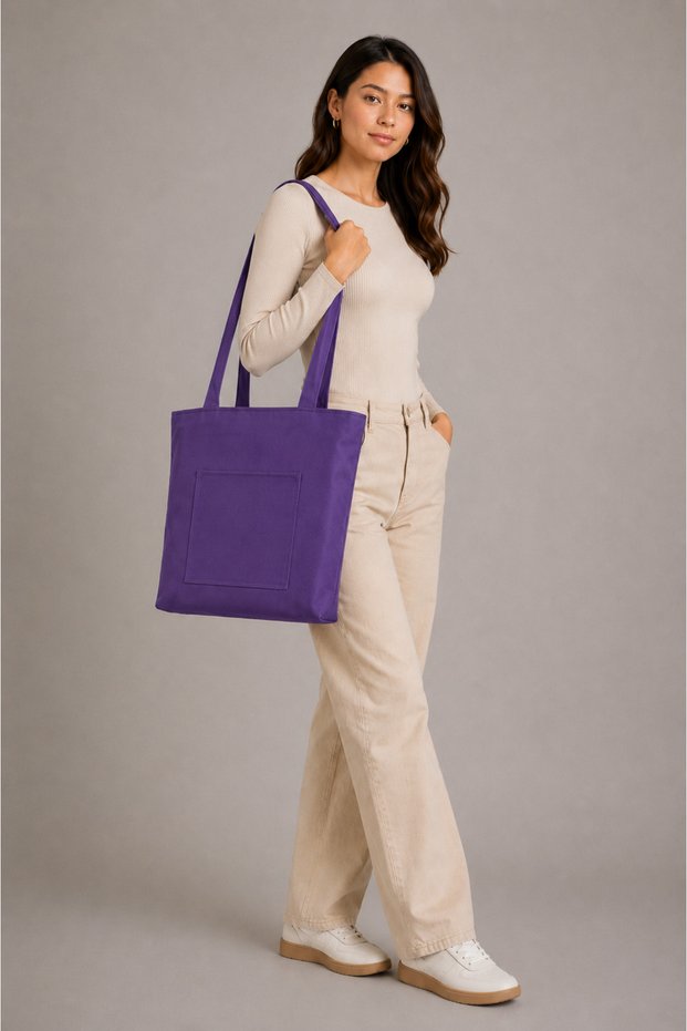 Women's Premium Purple Zippered Hand and Shoulder Bag Fabric Tote Bag Canvas Bag