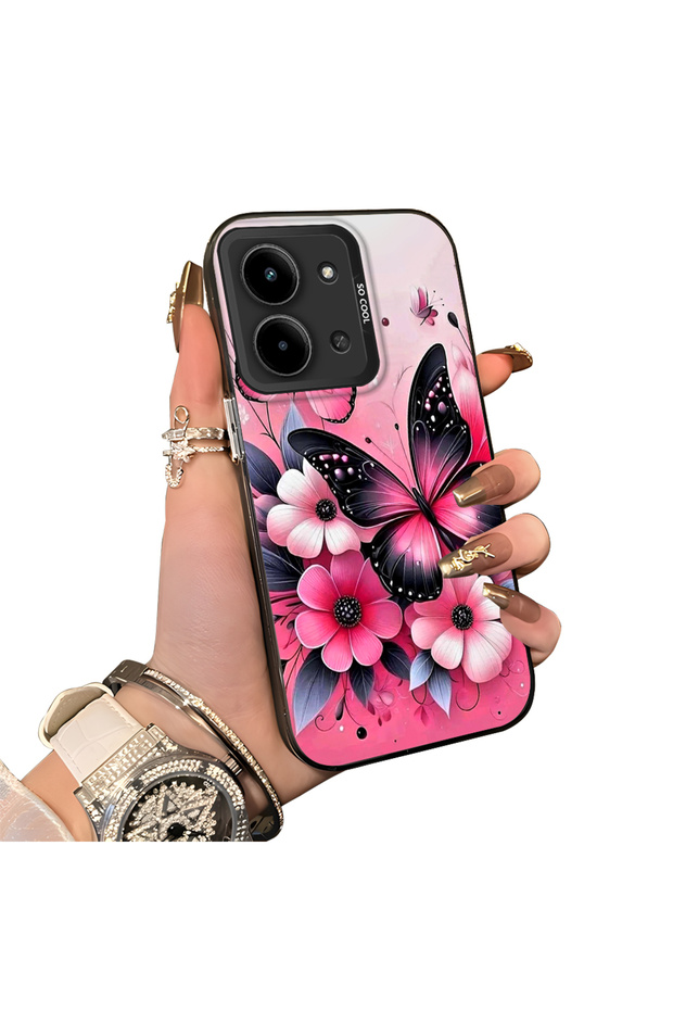 Redmi 15C 4g Compatible Silicone Edge Hard Back Case Couple Phone Case Butterfly Pattern