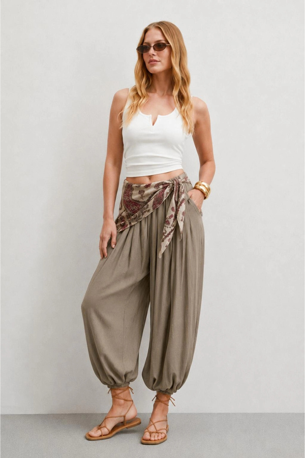 Women's Khaki Shawl Detailed Relaxed Fit Shalwar Trousers 9898