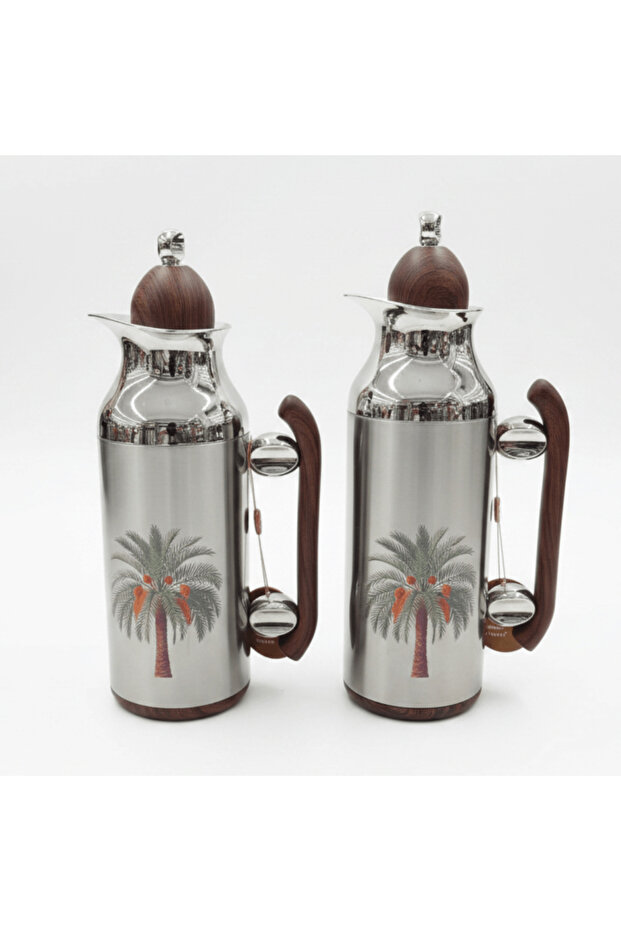 Vacuum Flask Set | 1 L + 0.7 L | Silver With Dark Wood Edition