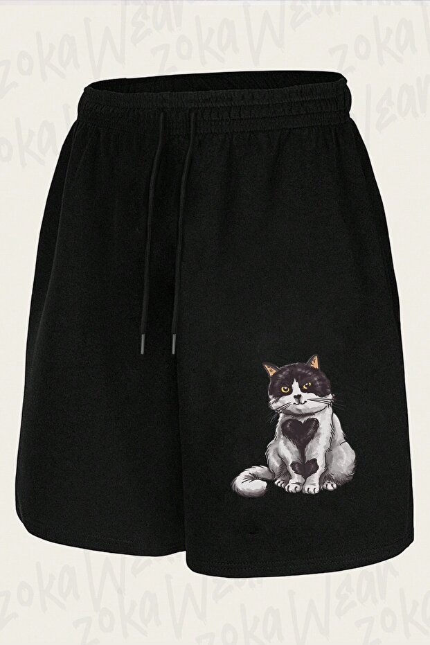 Unisex Cat Heart Design Printed Shorts