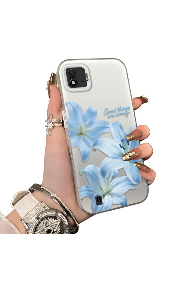 Realme C20 Compatible Silicone Edge Hard Back Case Couple Phone Case with Floral Pattern