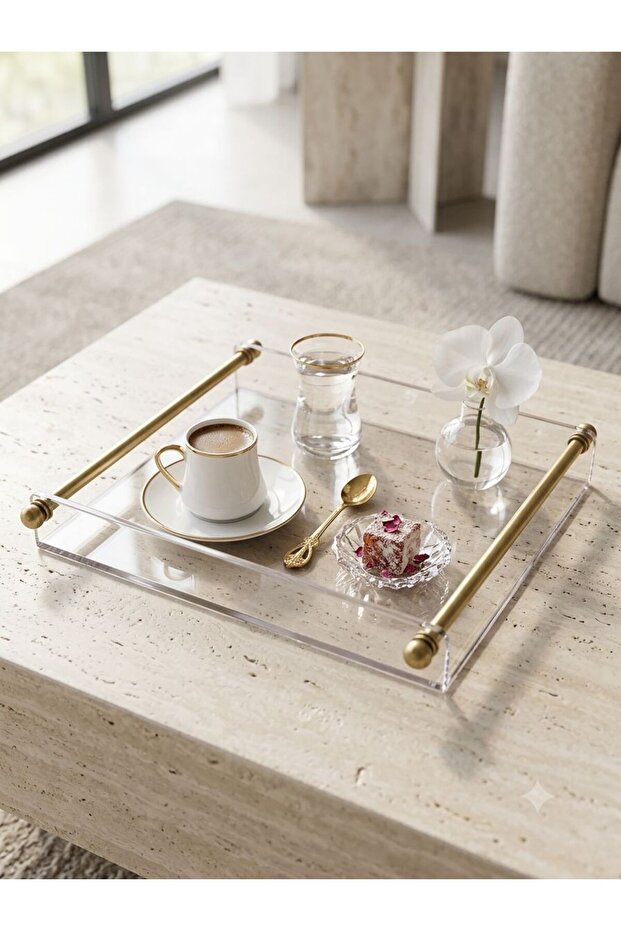Crystal Mica Presentation Tray - Transparent Organizer with Brass Plated Metal Handles 25X21 cm