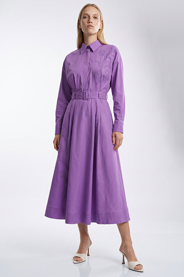 Shirt Collar Corded Embroidered Belted Regular Midi Dress