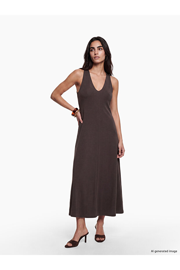 Lcw Vision Brown V-Neck A-Line Modal Blend Dress