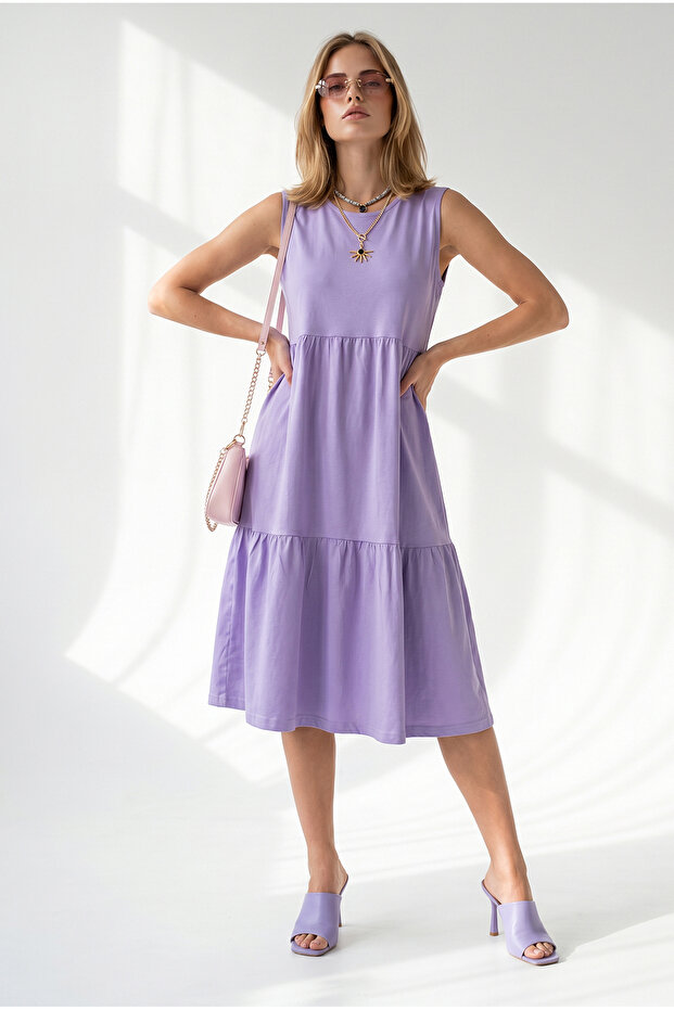 Women's Lilac Crew Neck Segmented Sleeveless Cotton Dress Elb-19002665