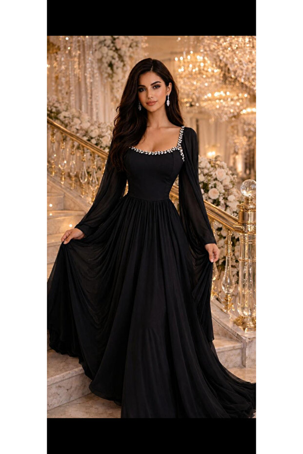 فستان أسود شيفون لسهرات