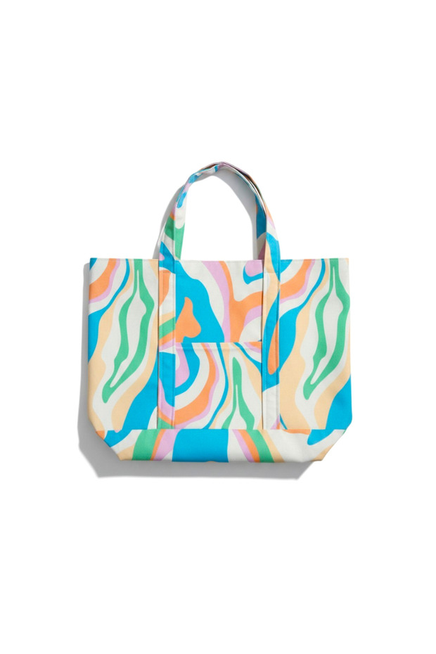 Pastel Abstract Patterned Large Size Beach Bag with Pockets