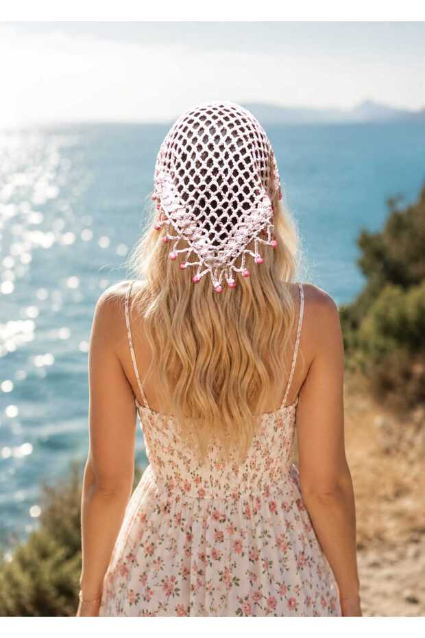Hand Knitted Bandana Summer Perforated Hair Bandana Beach Compatible Powder Pink