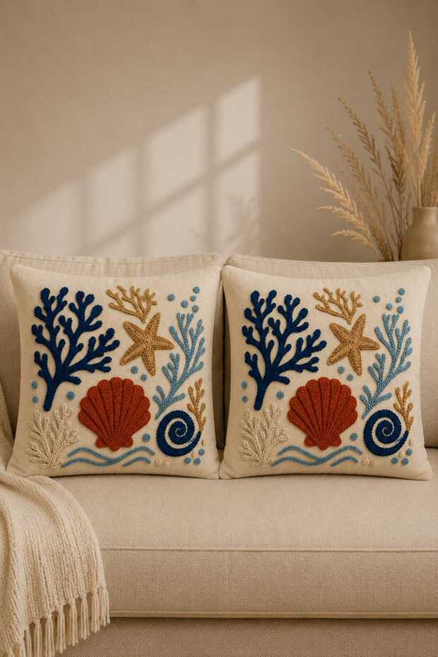 Set of 2 Decorative Digital Print Throw Pillow Covers – Shell and Starfish Pattern with Embroidered Look Design