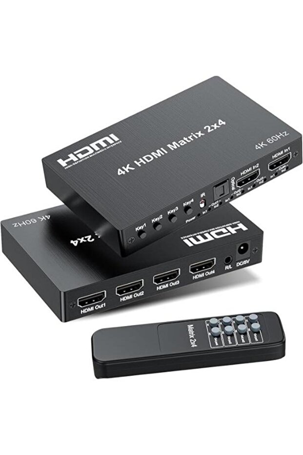 محول HDMI 2X4 MATRIX SWITCH بدقة 4K وتردد 60 هرتز، 2 مدخل و4 مخارج، مخرج بصري وصوت 3.5 ملم
