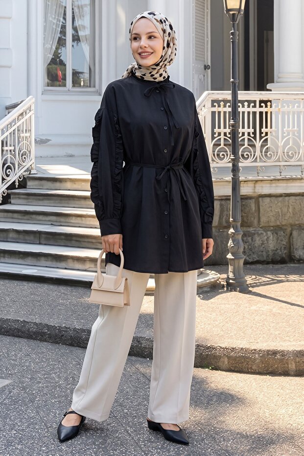 Ruffle Sleeve Belted Black Tunic