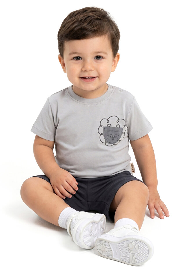 Baby Boy Gray Navy Blue Lion Printed Muslin 2-Piece Set