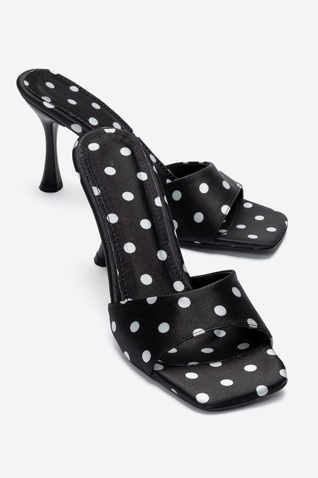 Black Satin Polka Dot Papi Women's Slippers with 8 cm Heel, Suitable for Daily Use