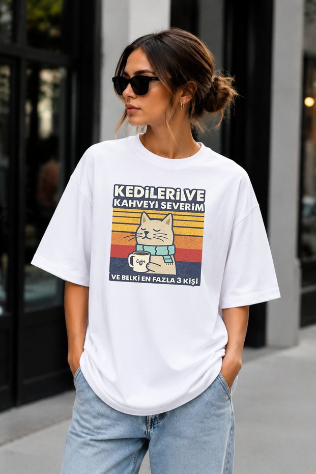 I Like My Cats and Coffee Printed Oversize Very Wide Fit T-Shirt, Humorous Cat Coffee Themed Unisex 100% Cotton Graphic T-Shirt