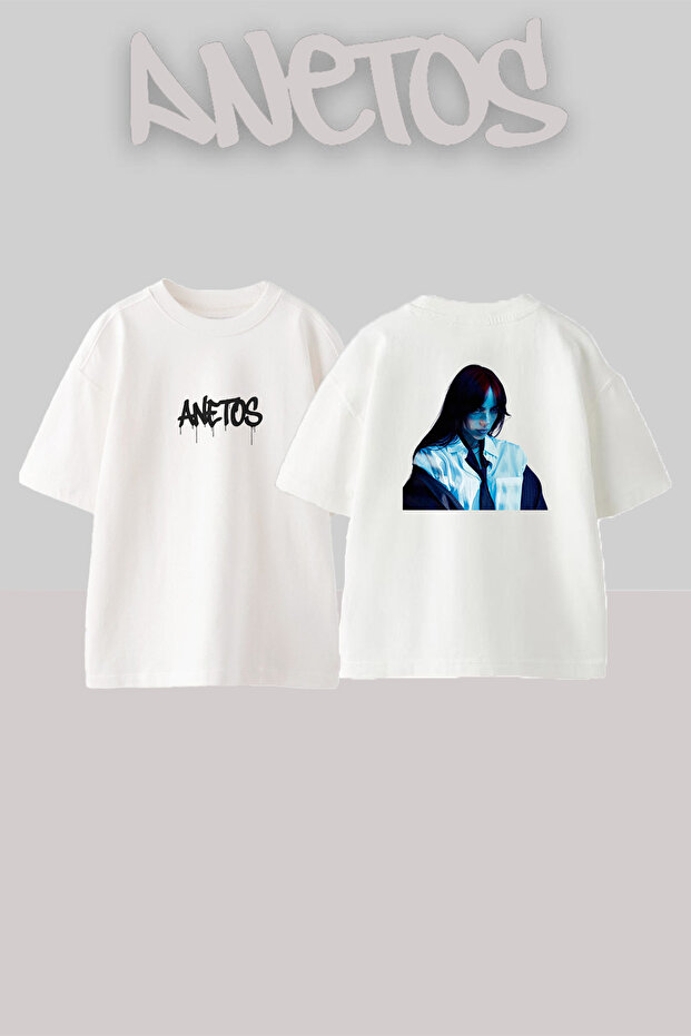 تي شيرت أبيض كبير الحجم مطبوع بتصميم Billie Eilish_110 للجنسين