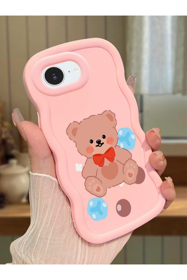 iPhone 16E Compatible Case Camera Protector Pink Silicone Couple Phone Case Bear Pattern