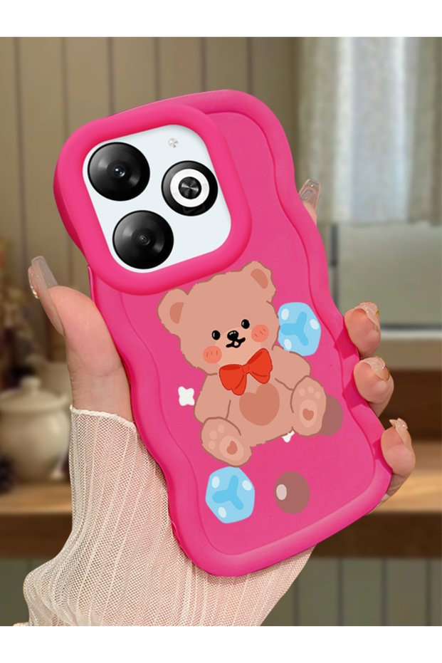Infinix Hot 40I Compatible Case Camera Protector Red Silicone Couple Phone Case Bear Pattern