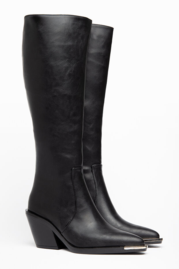 Black Matte Leather Metal Toe Cap Below the Knee Flat Zippered Western Cowboy Boots