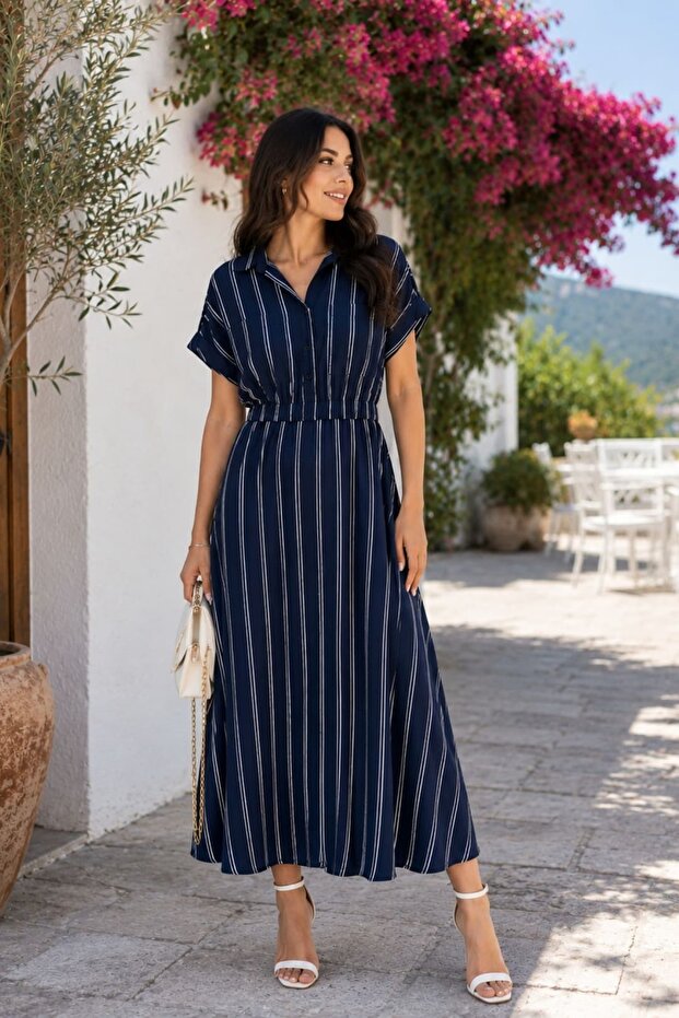 Striped Shirt Collar Dress