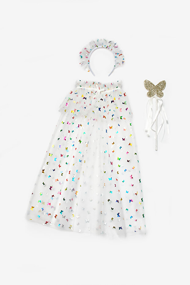 White Butterfly Printed Girls' Cape, Wand and Crown Set