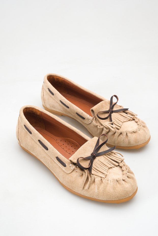 Beige Genuine Leather Women's Loafer Shoes with Tassel Bow Detail and Non-Slip Sole Silya